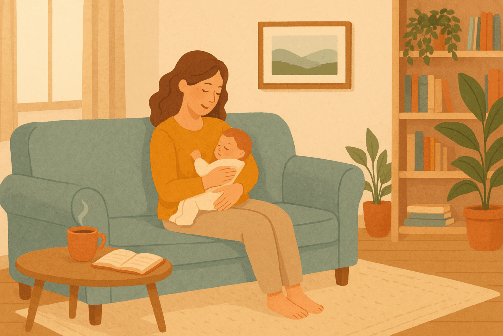 Mutter stillt ihr Baby auf dem Sofa in einem gemütlichen Wohnzimmer – liebevolle, ruhige Szene aus dem Familienalltag. Familienblog Südtirol